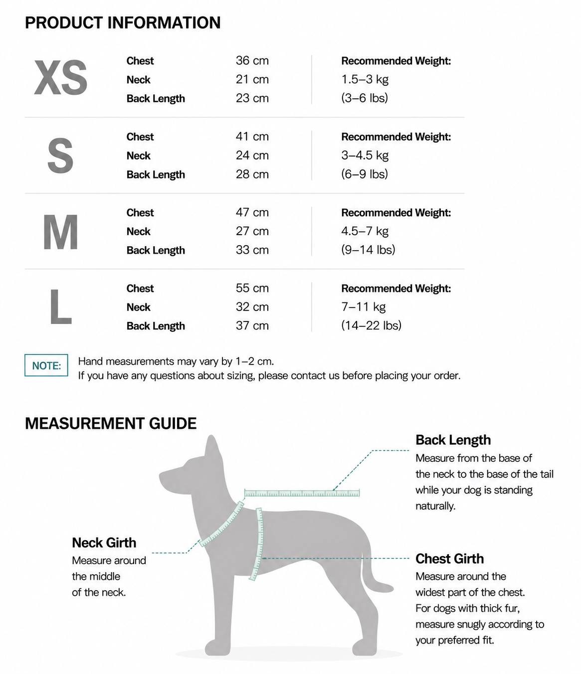 Twoll Sweet Heart Dog Onesie size guide
