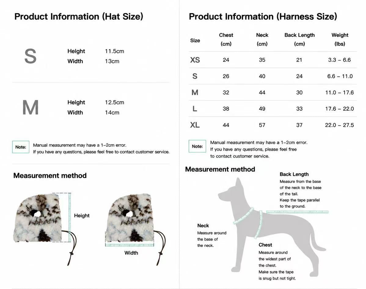 Twoll Cozy Sherpa Dog Vest & Hat size guide