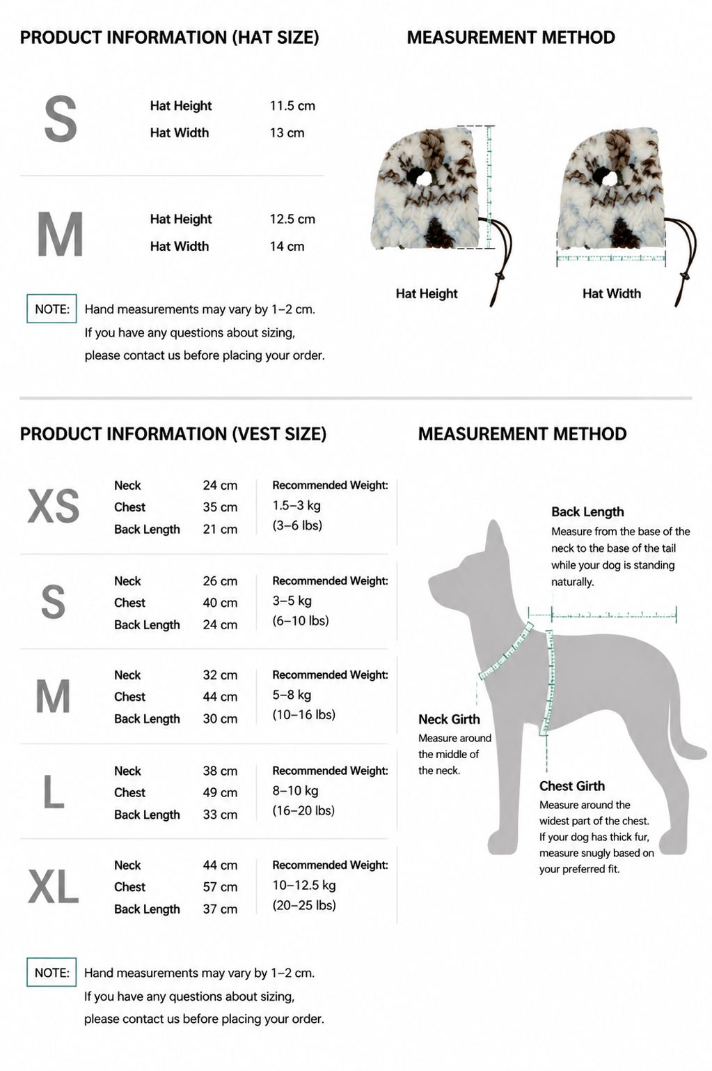 Twoll Cozy Sherpa Dog Vest & Hat size guide