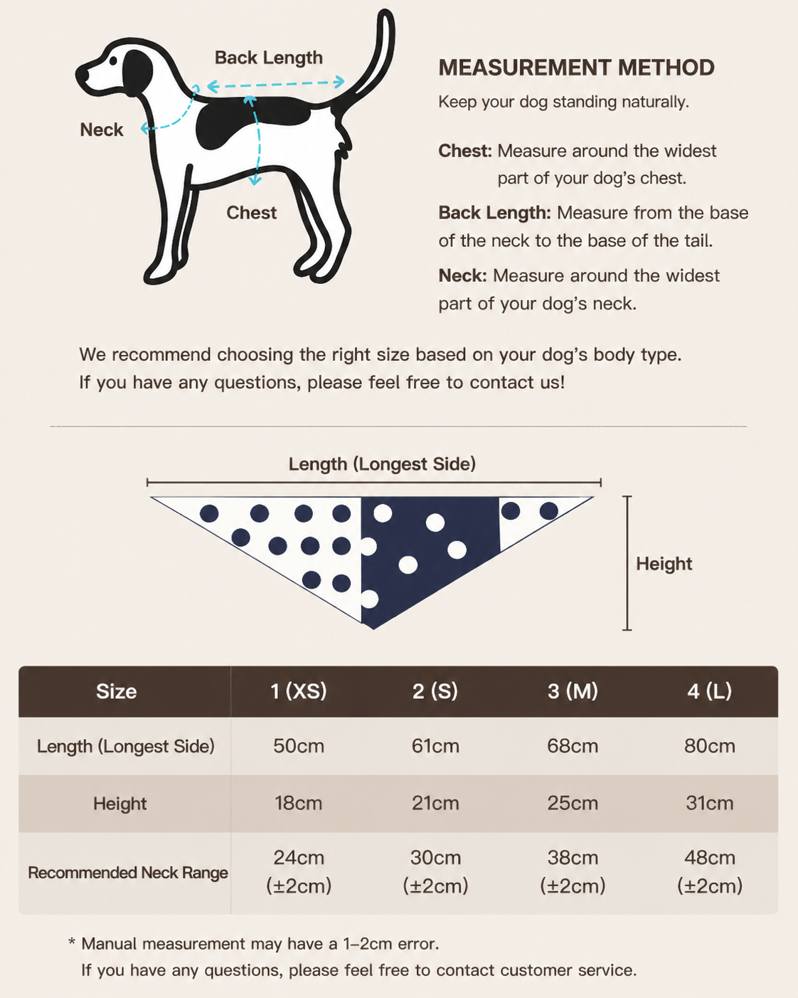 Twoll Vintage Polka Dot Cotton Bandana for Dogs size guide