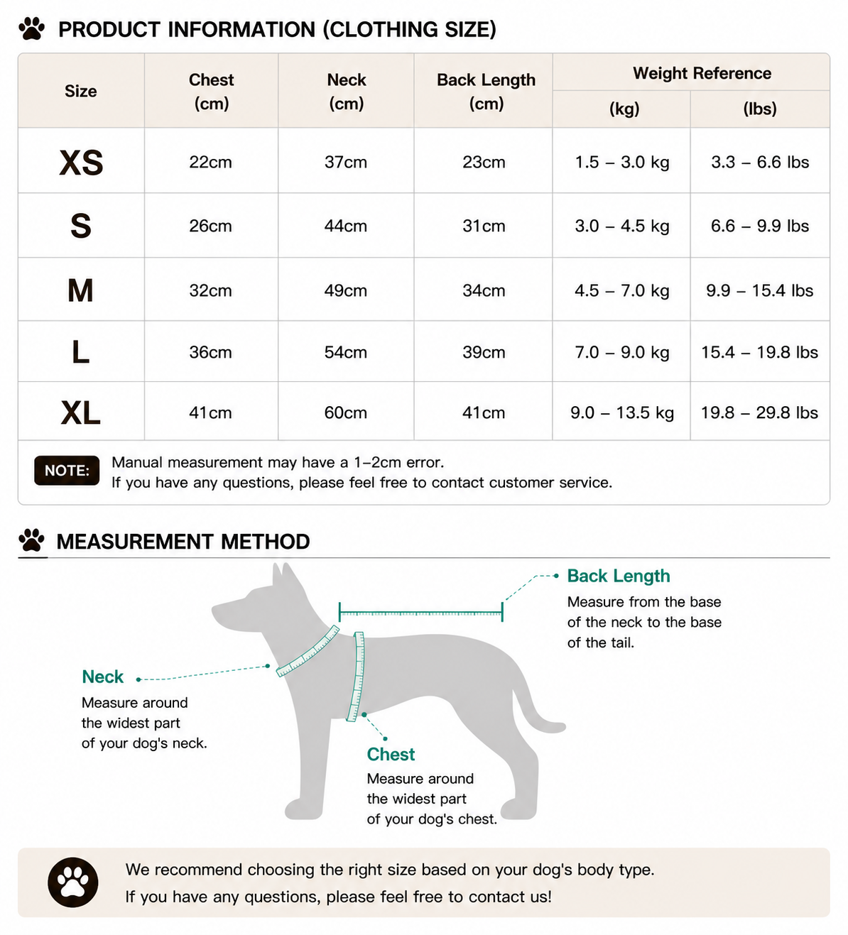 Twoll Cozy Sherpa Dog Bodysuit size guide