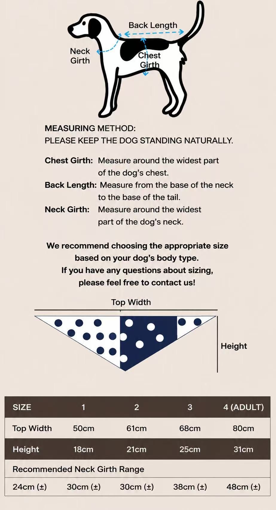 Bandana measuring method and size chart