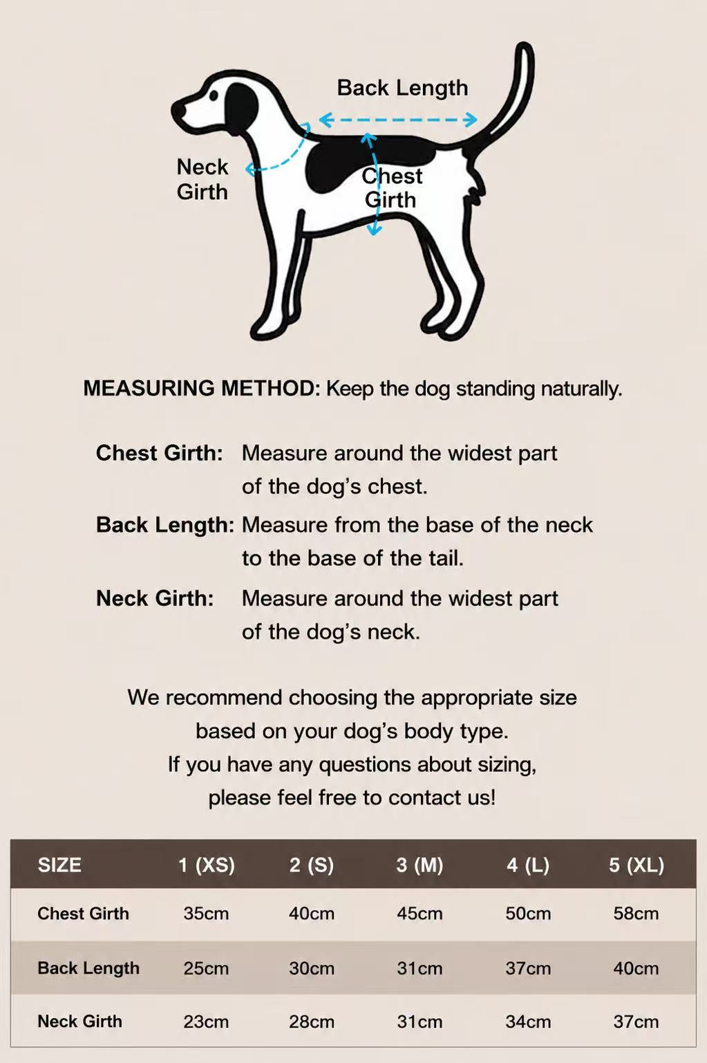 Dog shirt measuring method and size chart